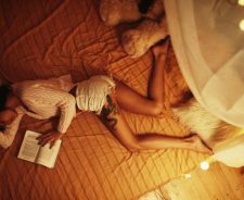 Book Girl Bed Sleeping Shorts Dragon Leg Tattoo Brunette