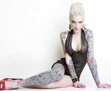 Covered With Tattoos High Heels Blonde Girl Cleavage Legs