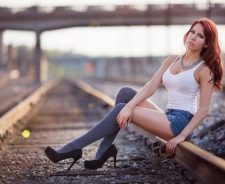 Redhead Girl Sexy Legs Shorts Jeans Heels Railroad